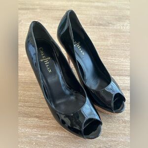 Cole Haan Black Patent Leather Peep Toe Heels